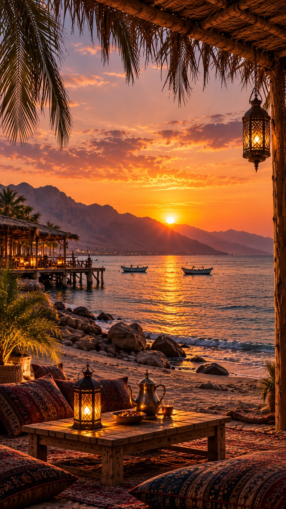 A quiet Dahab beach with Sinai mountains, cushions and tea at sunset